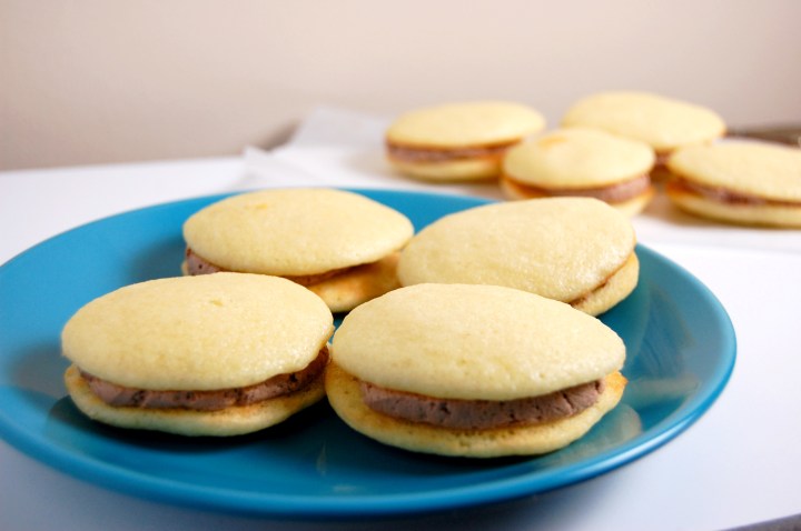 Gluten Free Cake Sandwiches {easy cake batter baked into cookies and sandwiched together with fluffy chocolate buttercream} | emthebaker.com