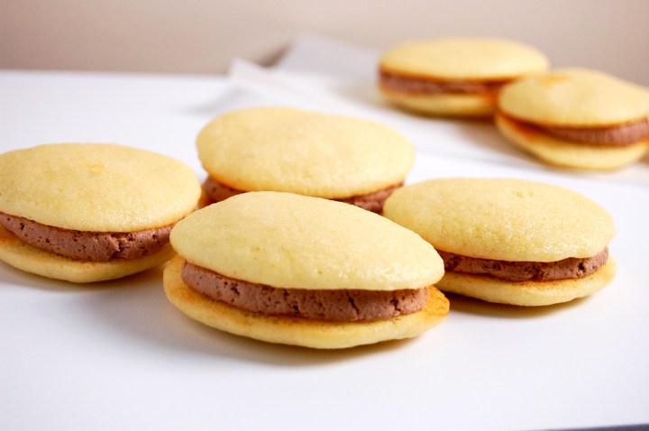 Gluten Free Cake Sandwiches {easy cake batter baked into cookies and sandwiched together with fluffy chocolate buttercream} | emthebaker.com